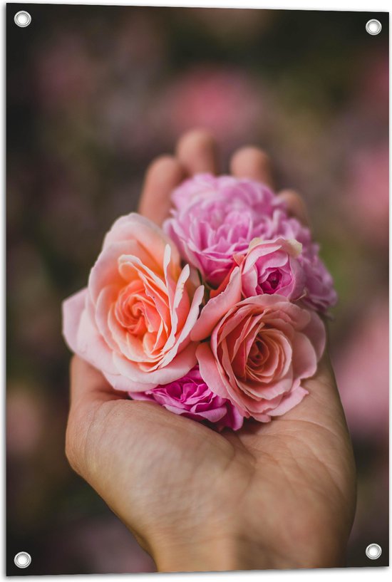 Tuinposter – Hand - Bloemen - Natuur - Roze - 50x75 cm Foto op Tuinposter (wanddecoratie voor buiten en binnen)