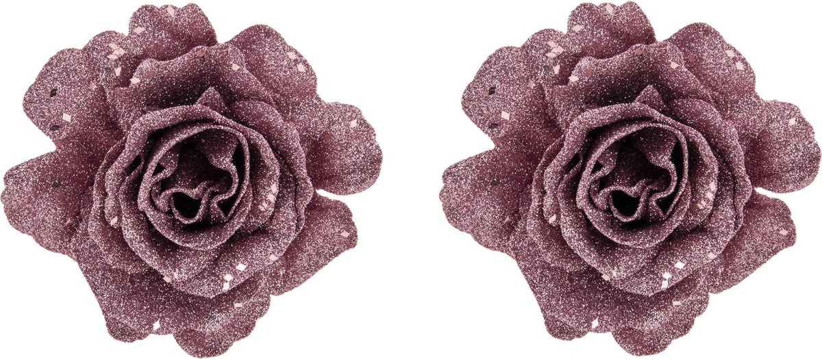 Cosy & Trendy Kerstboomversiering Bloemen - 2x - 10 cm - roze glitter - op clip - ornament