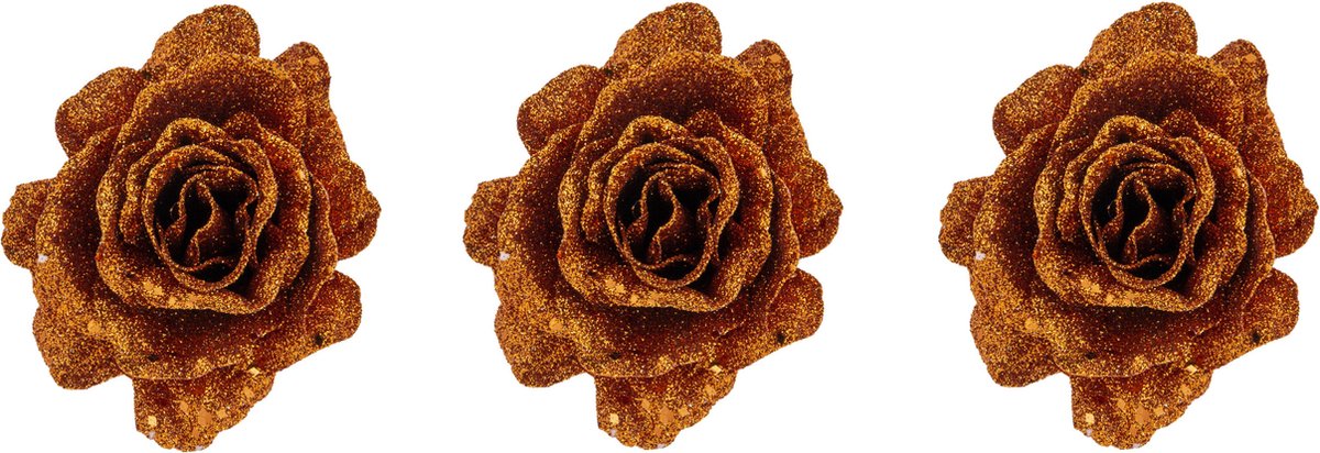 6x stuks decoratie bloemen roos koper glitter op clip 10 cm - Decoratiebloemen/kerstboomversiering/kerstversiering