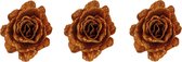 6x stuks decoratie bloemen roos koper glitter op clip 10 cm - Decoratiebloemen/kerstboomversiering/kerstversiering