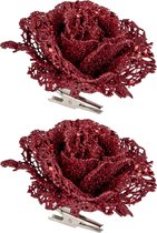 4x stuks decoratie bloemen roos rood glitter op clip 10 cm - Decoratiebloemen/kerstboomversiering/kerstversiering