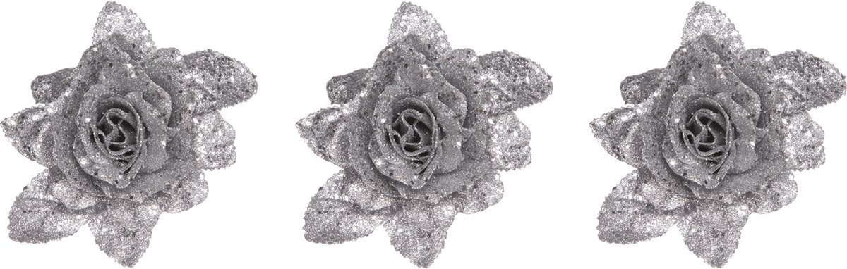 3x stuks decoratie bloemen roos zilver glitter met blad op clip 15 cm - Decoratiebloemen/kerstboomversiering