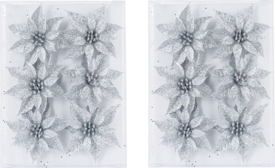 24x stuks decoratie bloemen rozen zilver glitter op ijzerdraad 8 cm - Decoratiebloemen/kerstboomversiering/kerstversiering