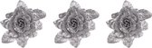 6x stuks decoratie bloemen roos zilver glitter met bladÂ op clip 15 cm - Decoratiebloemen/kerstboomversiering