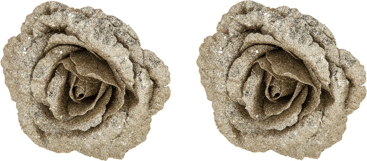 Cosy & Trendy Roos champagne glitter - 2x stuks - clip - kunststof - 18 cm - kerstversieringen