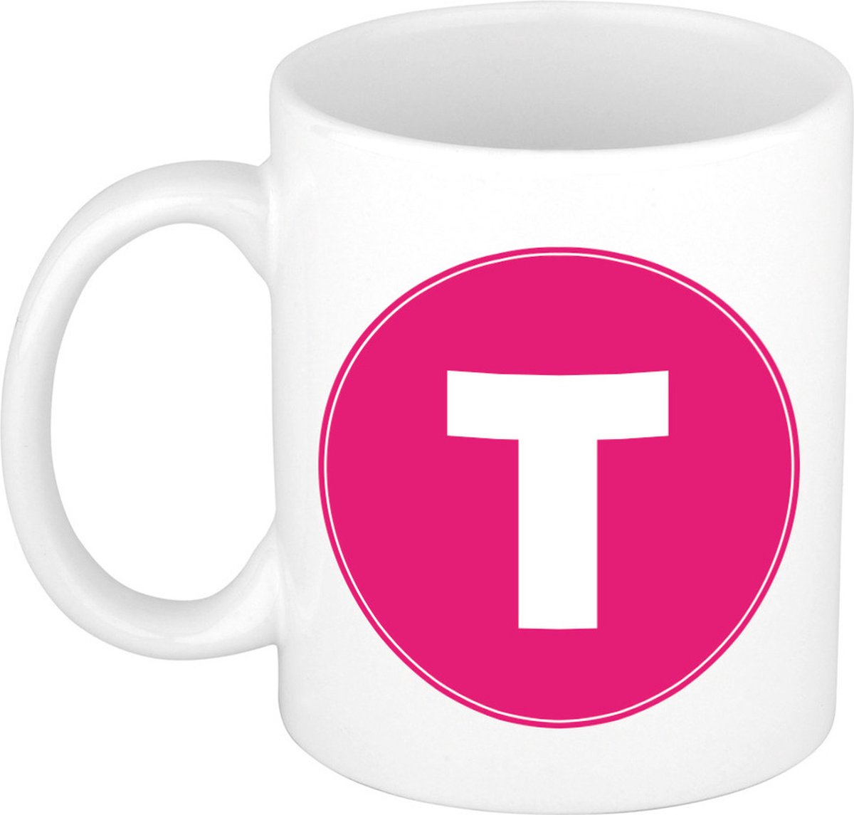 Koffie mok met de letter T - beker - roze - eerste letter van een voornaam - wit - 300 ml