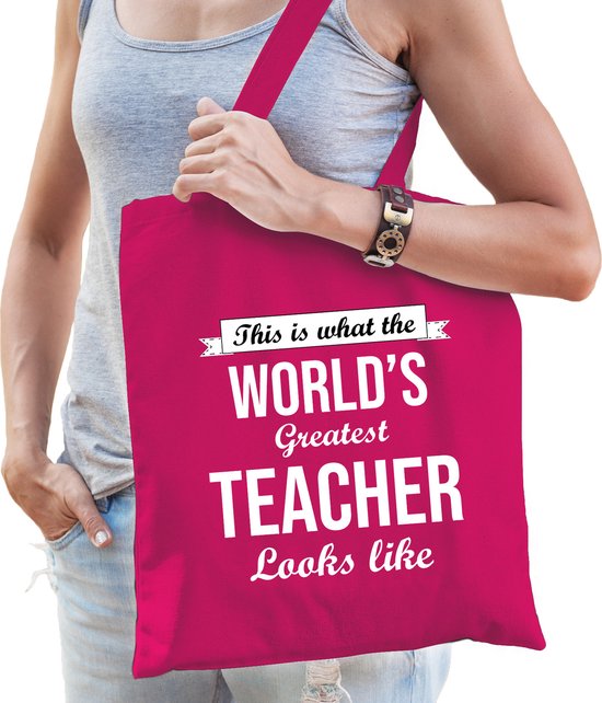 Foto: Worlds greatest teacher cadeau tasje roze voor dames verjaardag kado tas katoenen shopper voor lerares juf leerkacht docent