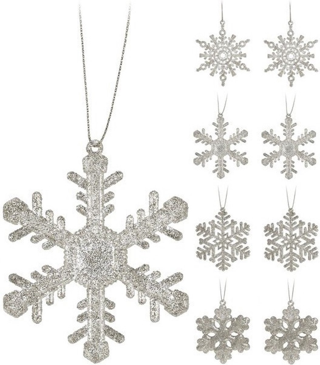 Kersthangers met zilverkleurige sneeuwvlokken, glitter, 10 cm lang
