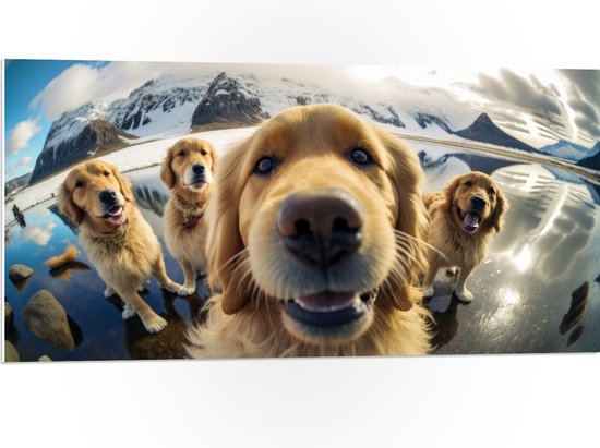 PVC Schuimplaat - Selfie van Groep Golden Retriever Honden in IJslandschap - 100x50 cm Foto op PVC Schuimplaat (Met Ophangsysteem)