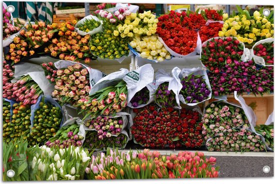 Tuinposter – Markt - Bloemen - Tulpen - Rozen - Hout - Kleuren - 75x50 cm Foto op Tuinposter (wanddecoratie voor buiten en binnen)