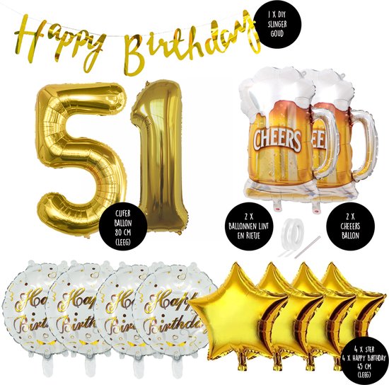 51 Jaar Verjaardag Cijfer ballon Mannen Bier - Feestpakket Snoes Ballonnen Cheers & Beers - Herman