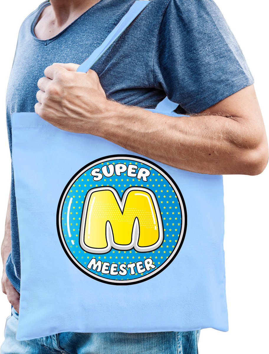 Bellatio Decorations cadeau tas voor meester - lichtblauw - katoen - 42 x 38 cm - meesterdag
