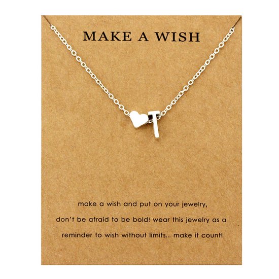 Foto: Initiaal ketting met letter t zilverkleurig met letter hartje naam ketting cadeau geluksketting op kaartje pax amare