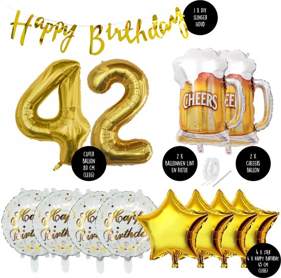 42 Jaar Verjaardag Cijfer ballon Mannen Bier - Feestpakket Snoes Ballonnen Cheers & Beers - Herman