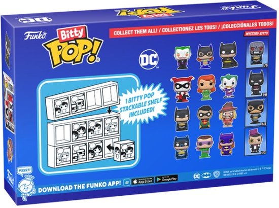 Verpakking van Funko Bitty POP! met DC-personages zoals Harley Quinn, Joker en Batman, en een display shelf.