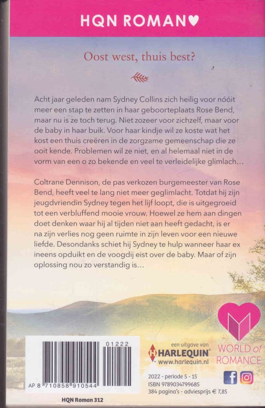 Boekomslag van HQN Roman met de titel 'Oost west, thuis best?'. De achtergrond is roze met witte tekst. Een deel van de plot wordt samengevat.