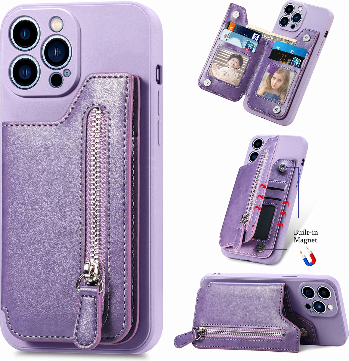 Luxe Hybride Rits Card&Cash Wallet Case + PMMA Screenprotector voor iPhone 14 Pro _ Paars