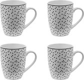 HAES DECO - Mokken set van 4 - formaat 12x8x10 cm / 350 ml - kleuren Wit / Zwart - Bedrukt met Zwarte Stippen - Collectie: Small Dots - Mokkenset, Koffiemok, Koffiebeker