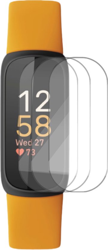 Een display protector voor een Fitbit Inspire 3 met een oranje band.