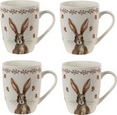 HAES DECO - Set de 4 Mugs - taille 12x8x10 cm / 350 ml - coloris Marron / Wit - Porcelaine Imprimée - Collection : Lapin de Pâques Rustique - Ensemble mug, Mug à café, Tasse à café