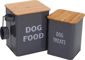 Hondenvoer en hondenlekkernijencontainer, voederton met schep, strak aansluitend houten deksel, gecoat koolstofstaal, opbergcontainer, bewaarcontainer voor hondenvoer, grijs