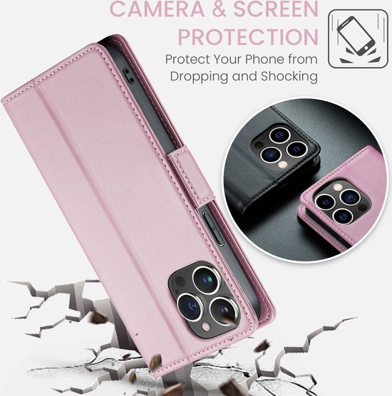 Coque de téléphone rose clair en similicuir, protégeant le téléphone contre les chutes. Détaillée avec des surpiqûres.