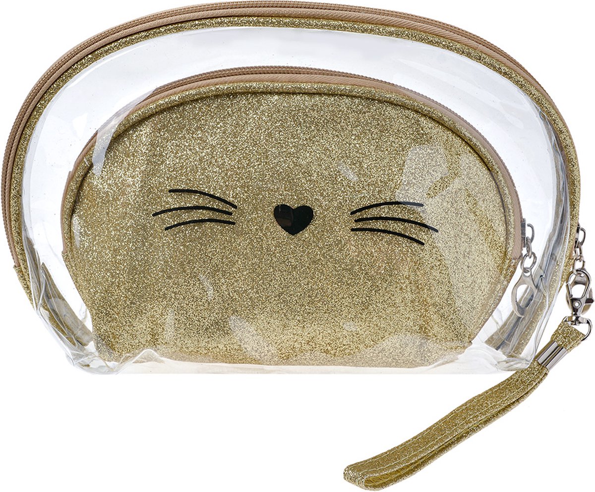Juleeze Toilettas Dames Set van 2 24x15 / 19x12 cm Goudkleurig Polyurethaan Kat