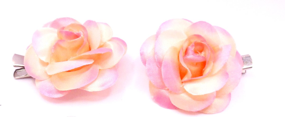 2 roosjes klein met duckklem zalmkleur-roze