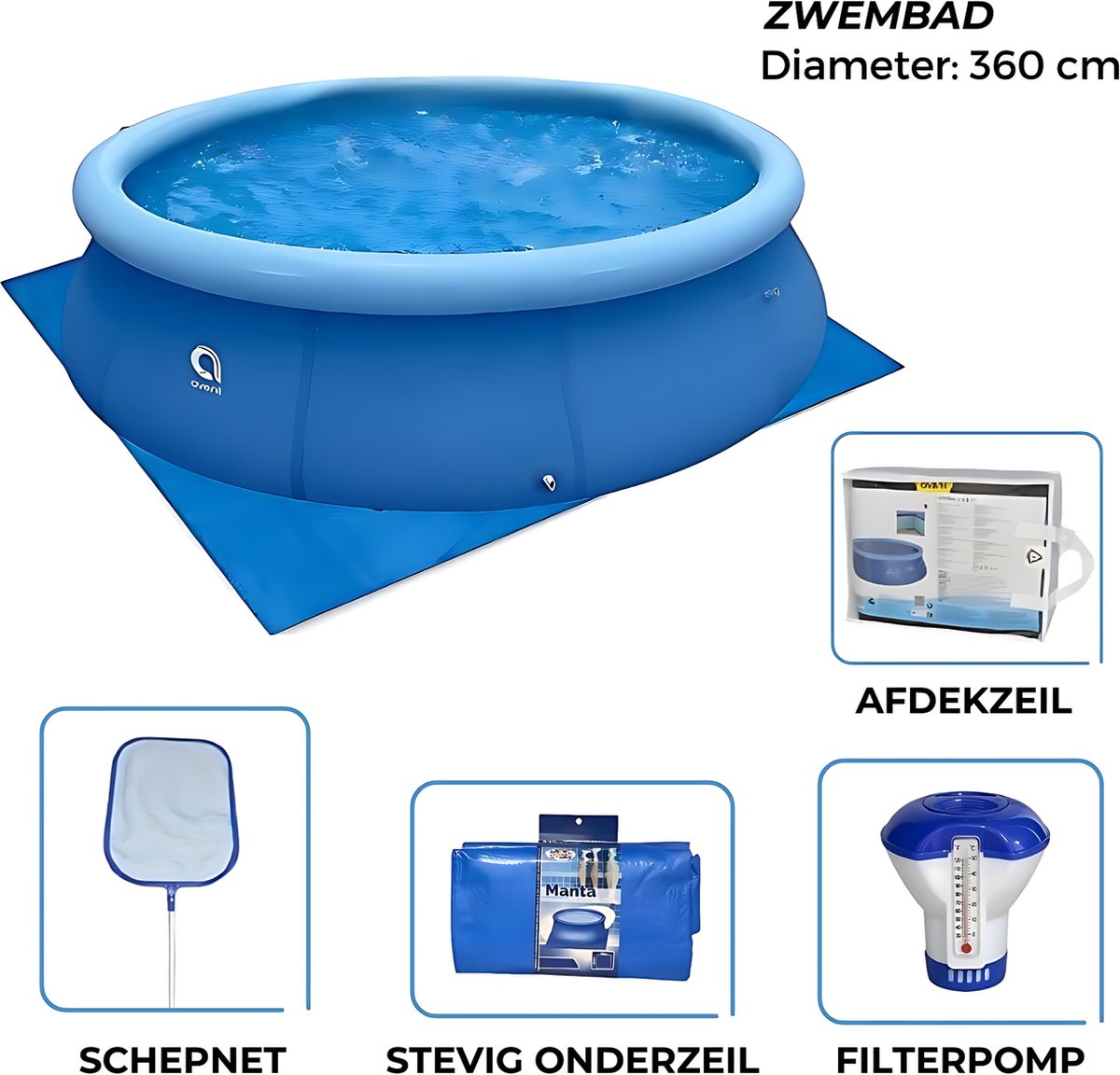 Avenli - Zwembad 360cm met Filterpomp - Afdekzeil - Chloordrijver - Schepnet en Gronddoek - Complete Set