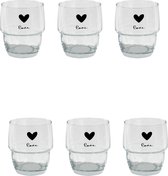 HAES DECO - Set van 6 Waterglazen - formaat Ø 8x9 cm / 200 ml - Kleur Transparant - Bedrukt Glas - Collectie: Love Birds - Waterglas, Drinkglas