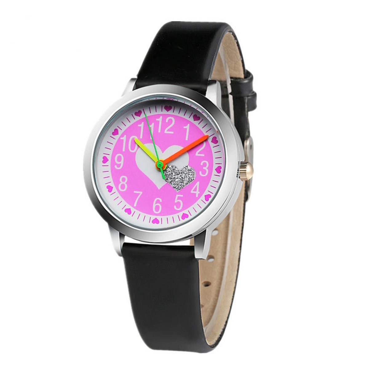 Kinder Horloge | Glitter Hart - Zwart | Kunstleer | Ø 30 mm | Fashion Favorite