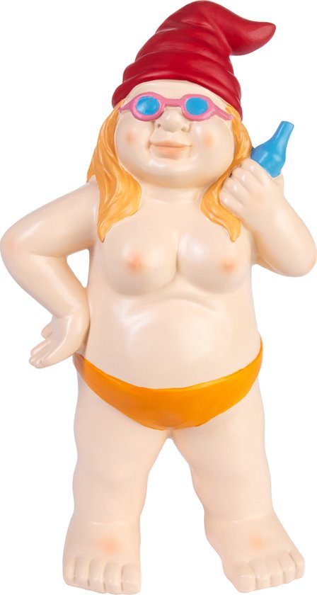 BRUBAKER Naakte Tuinkaboutervrouw - Nudistische Kaboutervrouw met Bier en Zonnebril - Grappige Frivole Nudistische Tuinfiguur - Weerbestendige Decoratie voor Tuin Camping en Buiten - 23 cm