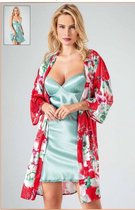 Satijn Dames 2- Delige Nachtjapon/ Ochtendjas -Pyjama- Luxe Pyjamaset- Lingerie- Sexy- Nachtkleding Rood/Mintgroen Maat L