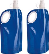 Waterfles/drinkfles/sportbidon opvouwbaar - 2x - blauw - kunststof - 770 ml - schroefdop - waterzak