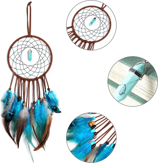 Grote Handgemaakte Dromenvanger - Dromen Vanger - Dream Catcher - Dream Catcher Groot - Indianen Deco Droomvanger met Steen Kraaltjes Veren – Bruin / Blauw - BPK