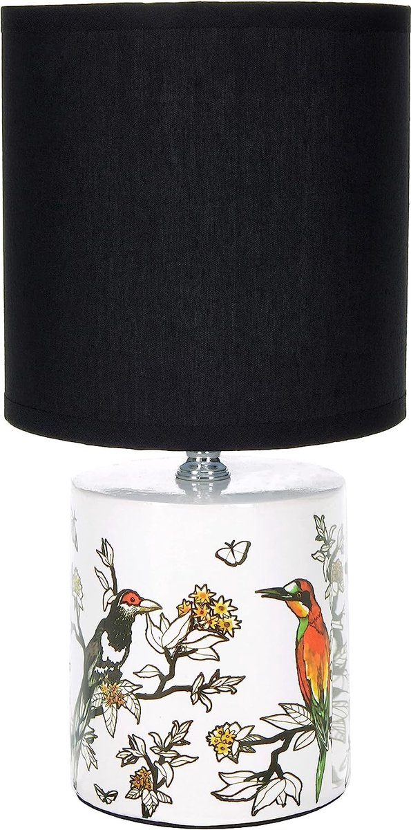 BRUBAKER Tafel- of bedlampje Aziatische vogel design - lamp met keramische voet - 29,5 cm hoog, wit zwart