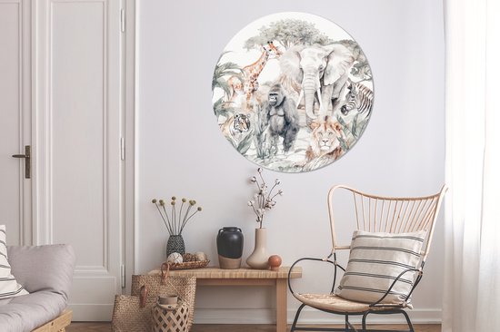 WallCircle - Papier peint cercle - Stickers muraux chambre d'enfant - Animaux - Jungle - Aquarelle - Enfants - Sticker mural - Décoration murale ronde - Sticker papier peint - Stickers muraux ronds - 120x120 cm - Stickers muraux - Sticker mural