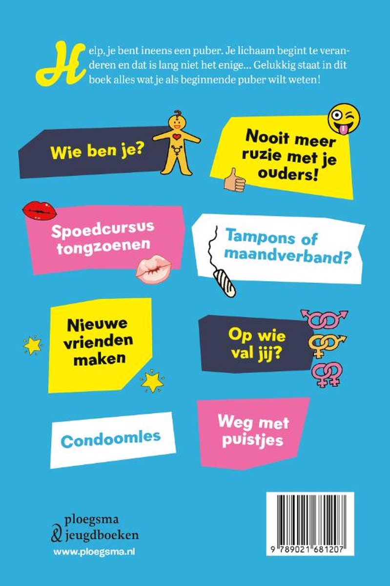 Achterkant van 'Het puberboek' met gele en roze tekstvakken met vragen zoals 'Wie ben je?' en 'Tampons of maandverband?'.