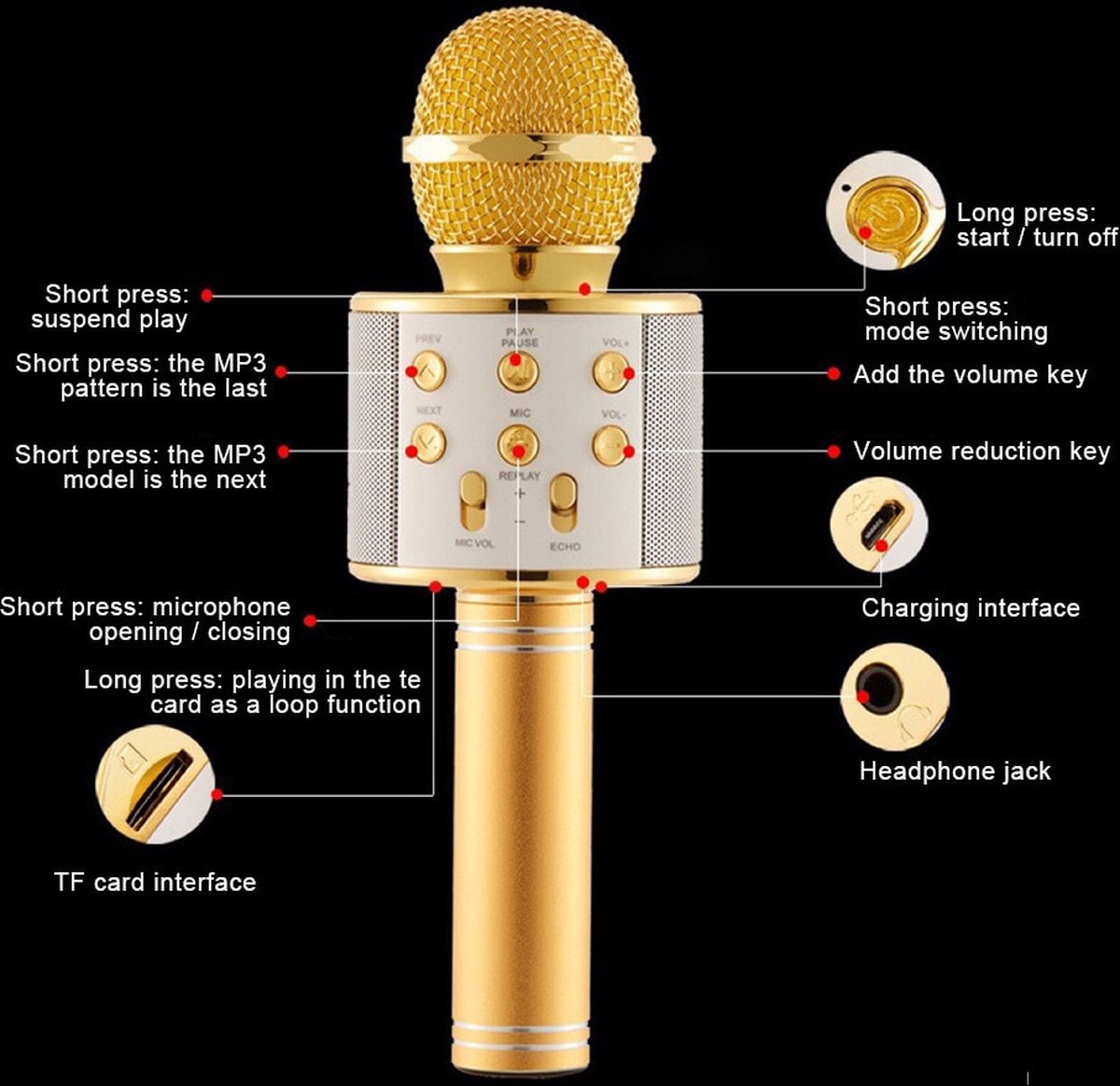 Wireless Microphone/Bluetooth verbinding microfoon/HIFI Speaker Handheld KTV WS-858 kleur Goud