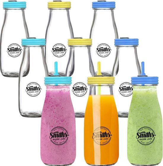 Set met 9 mini-300 ml glazen melkflessen, lekvrij deksel en herbruikbare rietjes voor kinderen, voor zomerfeesten in de open lucht, cadeau voor Kerstmis