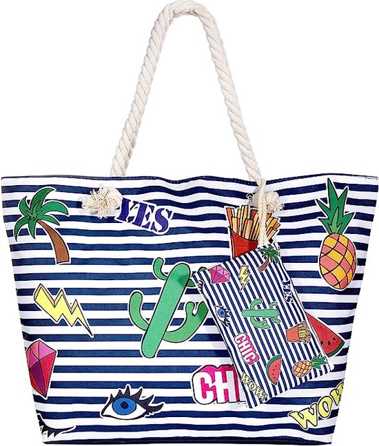 grote strandtas met ritssluiting zomer tas sluiting dames shopper tas schoudertas zwembad tas schoudertas strandtas. - blauw -