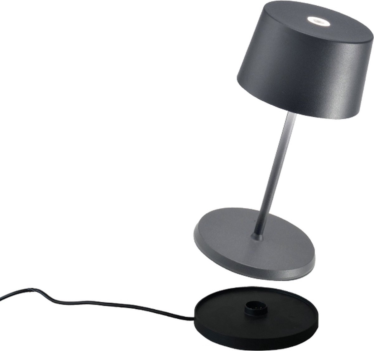 Zafferano Olivia Mini Tafellamp - Oplaadbare Buitenlamp Antraciet - Spatwaterdicht (IP65) - Bureaulamp Snoerloos - Dimbare LED Lamp - Draadloos Oplaadstation - Terraslamp - USB Oplaadbaar - 22 cm x Ø11 cm