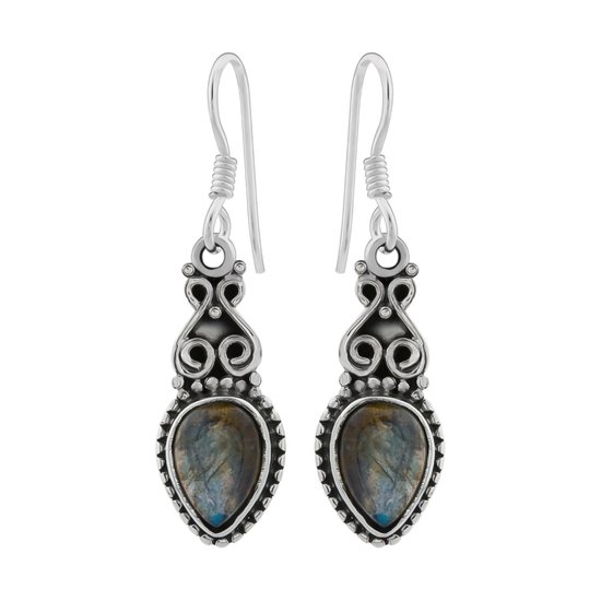 Zilveren oorbellen met hanger dames | Zilveren oorhangers, labradoriet steen en sierlijke details
