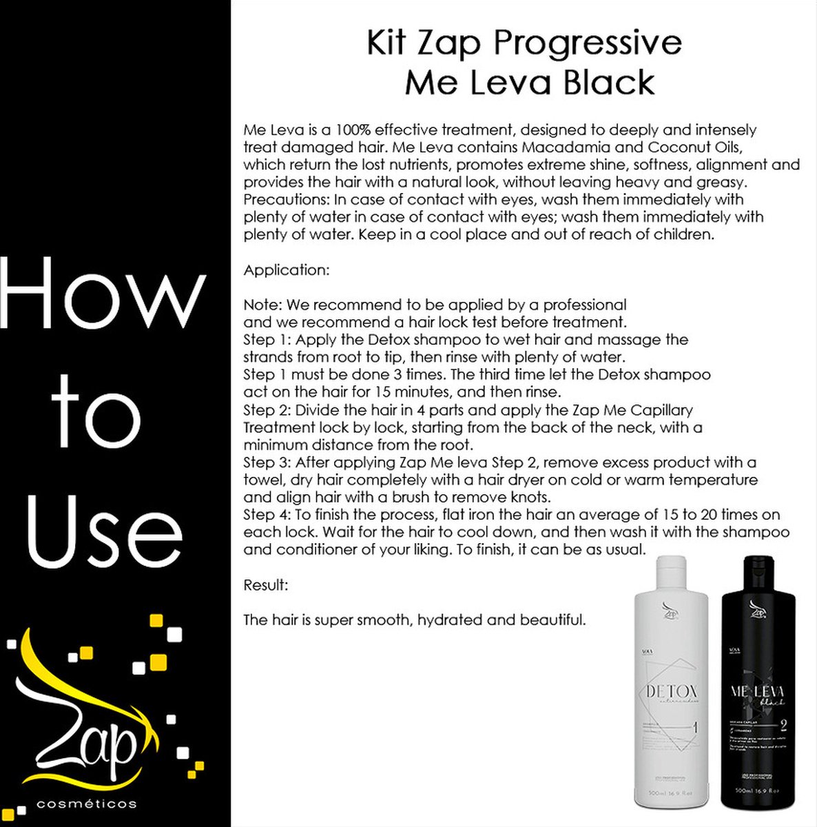 Traitement à La Kératine Brésilienne ZAP ME LEVA - 3 Bouteilles - Lissant Intense, Formule Crème - Expire 2025