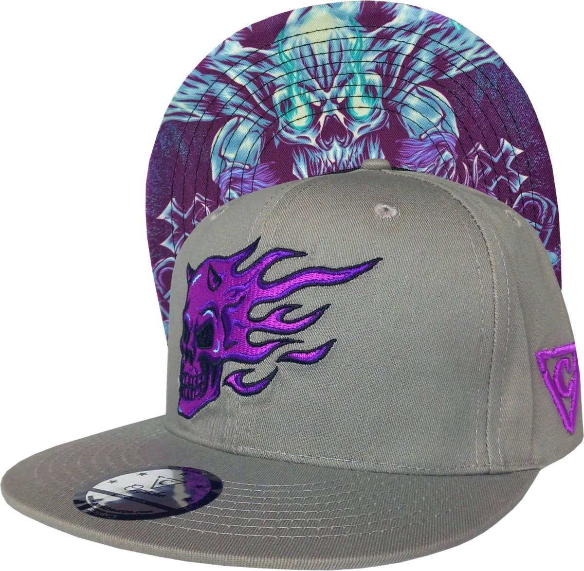 Capiche® Snapback Pet Heren – Purple Skull – Grijs – Verstelbaar met Druksluiting – Sportcap – Baseball Cap – Mannen Pet – Schedel Pet