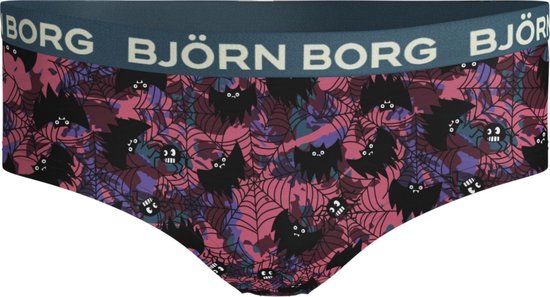 Paarse hipster met spinnenwebben, spinnen en vleermuizen. De tailleband toont 'BJÖRN BORG'.