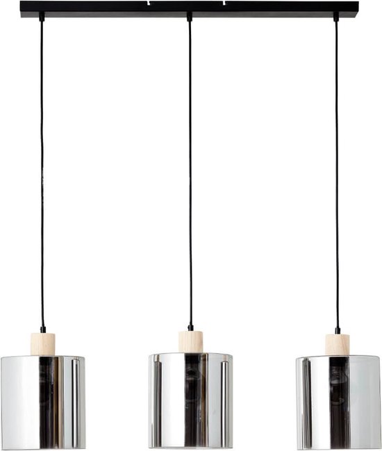 Brilliant Weald hanglamp 3-vlammig zwart/smoke/hout metaal/glas/hout 3x A60, E27, 40 W, geschikt voor normale lamp (niet inbegrepen)