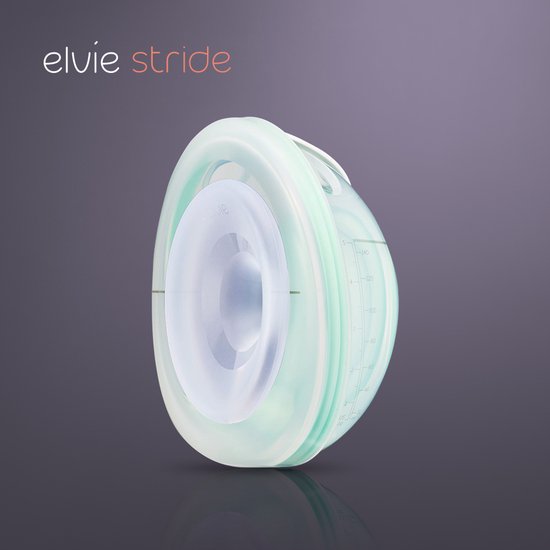 Elvie Stride borstkolf met een lichtgroene rand en transparante melkcontainer. De logo's en maatstreepjes zijn zichtbaar.