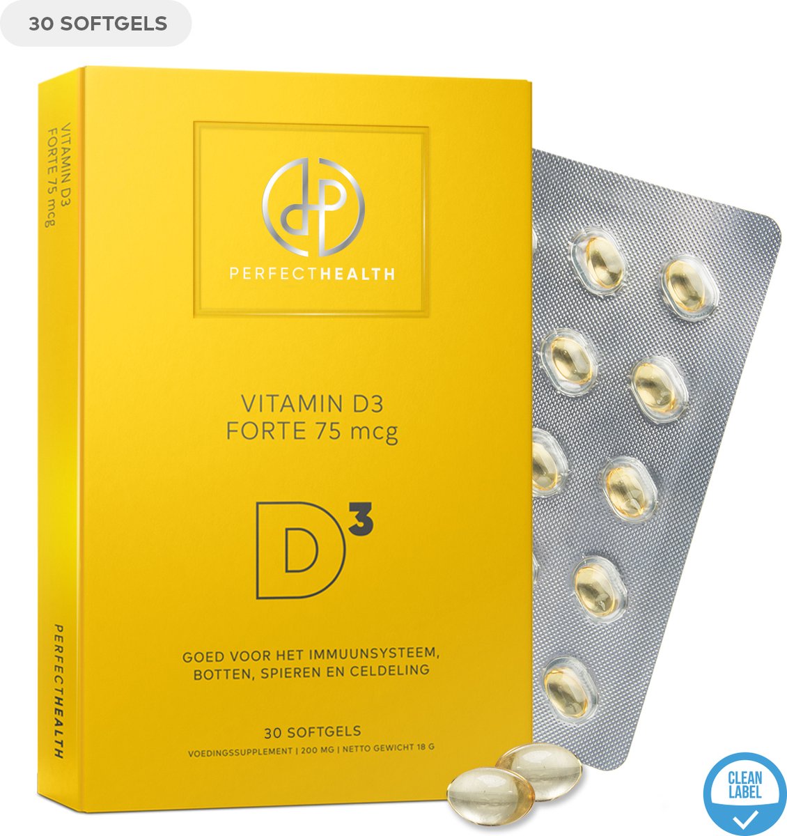 Perfect Health - Vitamine D3 Forte 75mcg - Hoge Dosering - Voor Volwassenen - 30 Capsules - Immuunsysteem - Vegan
