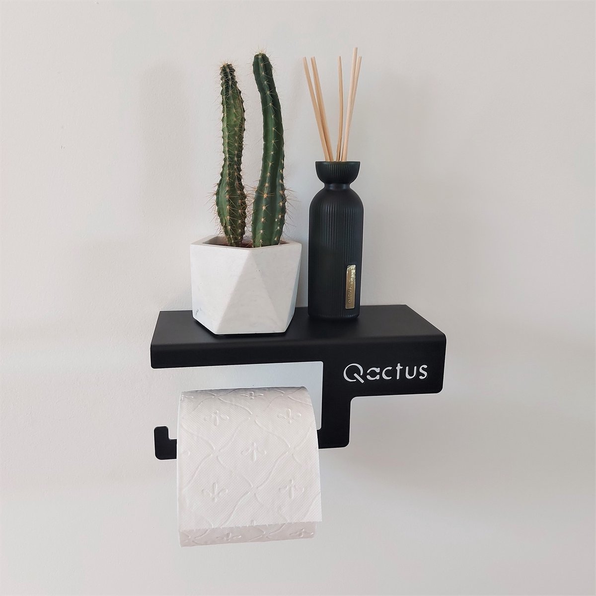 Qstiel Qactus links - Toiletrolhouder - WC Rolhouder - Met plankje - Zwart